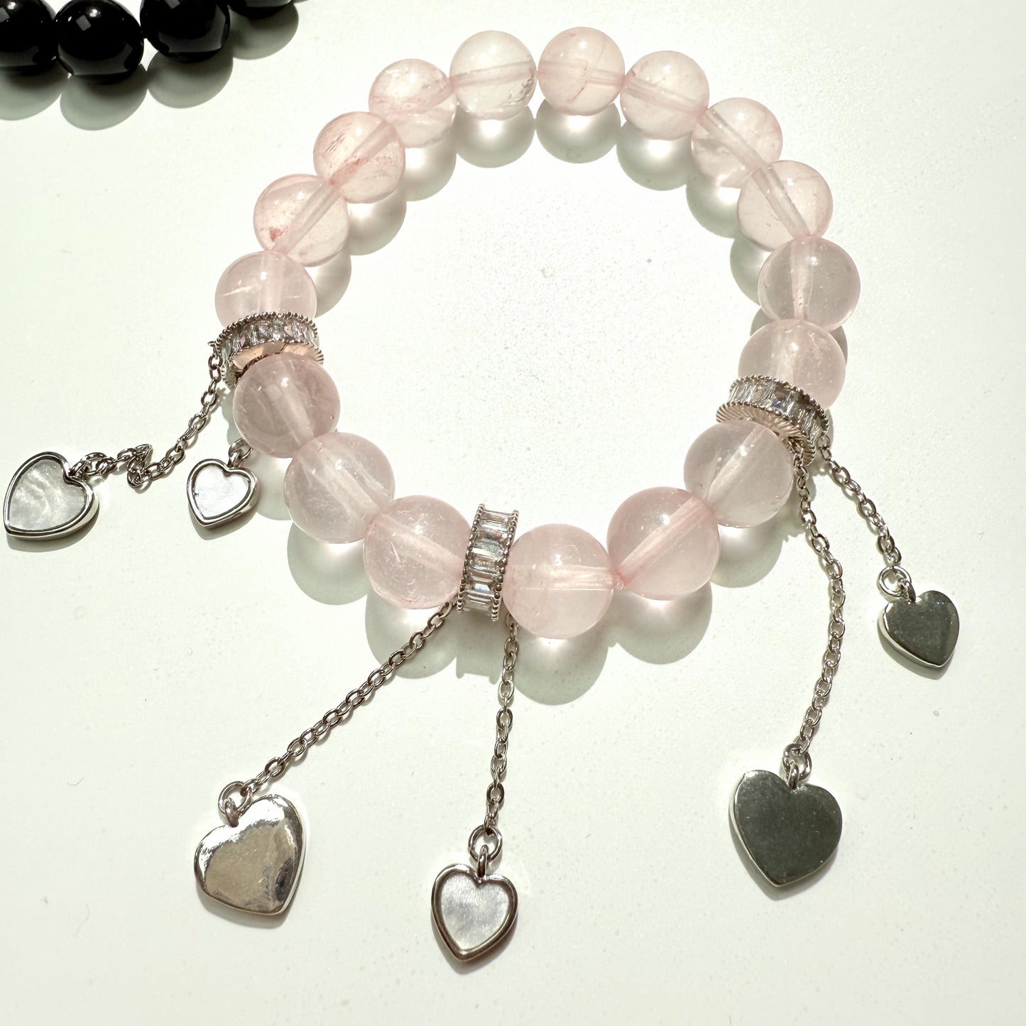 10mm Pink crystal with heart-to-heart silver bracelet