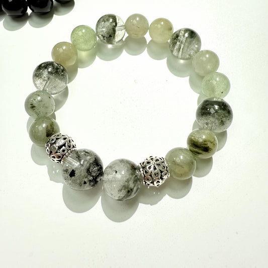 12mm Green Strawberry crystal 10mm green Ghost Green rabbit hair with silver bracelet