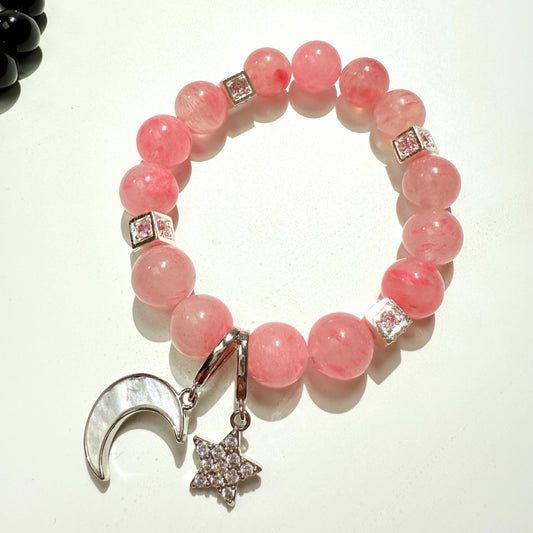 Peach 11.2mm pink crystal personality star moon silver bracelet